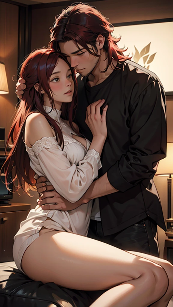 A loving couple cuddles in a cozy living room on a summer night, bathed in the soft glow of the television. The woman's flowing red hair cascades over the man's shoulder as they share a tender moment. This intimate scene is depicted in a breathtaking painting, showcasing intricate brushstrokes and vibrant colors that bring the couple to life. The artist captures the warmth and closeness between the pair with exquisite detail, evoking a sense of comfort and connection that is truly captivating.