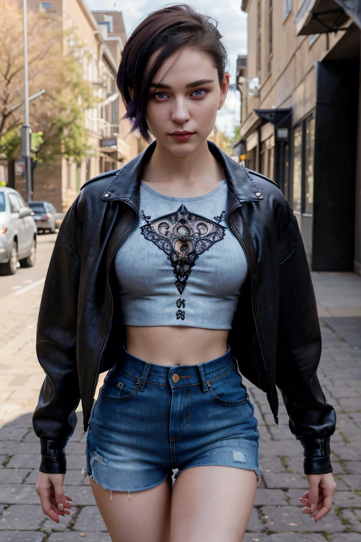 Short 18 year old girl, pale skin, skinny, babe face, black purple pixie undercut hair, slim face, thin chin, smile, wide hips, natural, ((masterpiece)), ((best quality)), HDR , UHD, 64K, (professional photograph), (hyper-realistic), ((expressive eyes)), (enigmatic eyes), intricate eyes, brown eyes, hazelnut eyes, oval face, perfect face, perfect face proportions, (Model Woman) BREAK Sky, trees,clouds, (grass:0.9), BREAK (Wearing leather Jacket), ((black jacket)), intricate jacket, BREAK (Cropped t-shirt), ((black cropped t-shirt)), intricate cropped t-shirt, ornate cropped t-shirt, logo of heavy metal band on the cropped t-shirt, BREAK (Short shorts), ((denim shorts)), daisy dukes, intricate shorts, BREAK (Cowboy shot), (front view), front facing, looking at viewers, walking, (walking to viewers), (city), (downtown), (western European city), Spring, ((scenery)), outdoor, day, studio lightning, sun rays, joyful, romantic atmosphere
