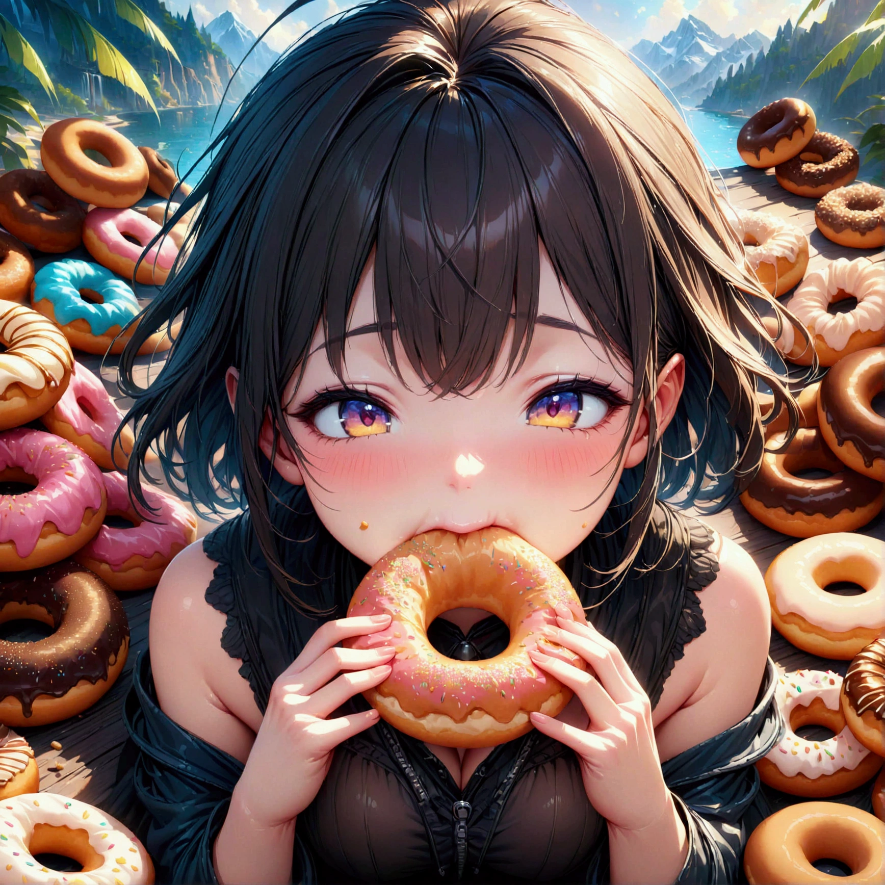 (eating donuts), (masterpiece:1.2), best quality, high quality, (hyper detailed), 4K, high resolution, extremely detailed CG, (chewing, satisfied, content, grabbing and eating, donuts),