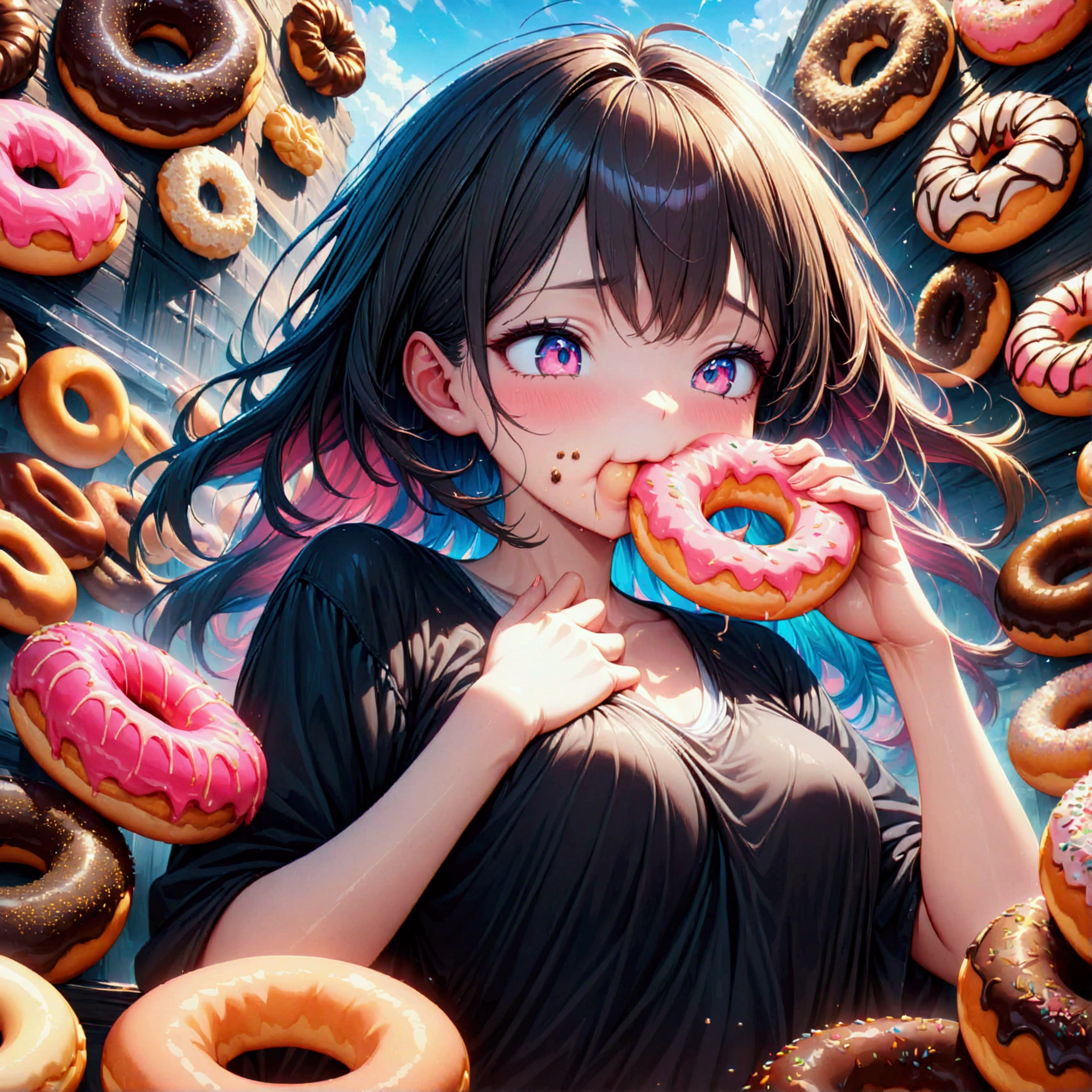 a gorgeous woman in a seductive pose, eating a chocolate doughnut, her face and body covered in chocolate and icing, messy and sensual, 1girl, beautiful detailed eyes, beautiful detailed lips, extremely detailed face and skin, long eyelashes, high quality, 8k, photo-realistic, professional,  seductive, indulgent, tempting, decadent, dirty, messy, chocolate, doughnut, pastry, food, dessert, icing, sugary, sweet, sensual, alluring, erotic, provocative