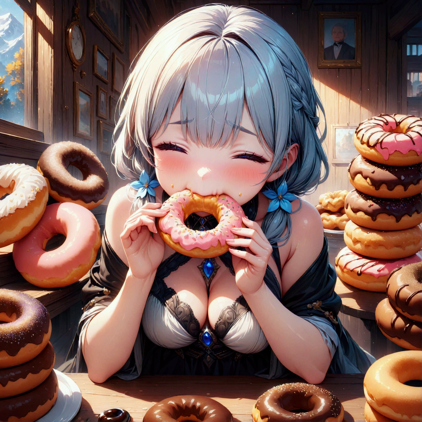 (eating donuts), (masterpiece:1.2), best quality, high quality, (hyper detailed), 4K, high resolution, extremely detailed CG, (chewing, satisfied, content, grabbing and eating, donuts),