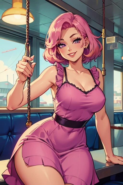 Perfect face. Perfect hands. A pink haired woman with violet eyes with an hourglass figure wearing a retro swing dress in a diner with a big smile
