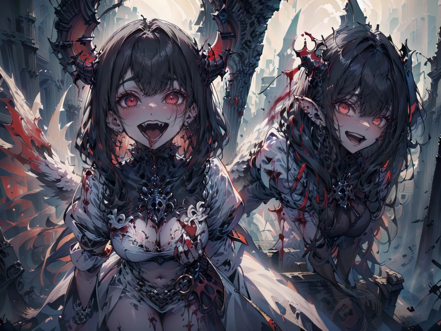 ,disaster々new devil horns,(Highest quality,4K,High resolution,masterpiece:1.2),Very detailed,Realistic:1.37,Spooky altar background,Dark fantasy,Red color scheme,Ominous atmosphere,Eye-catching,Storytelling,anatomy,Anime Style,Concept Art,beautiful細部までこだわった顔と (((Red eyes ))),A terrifying ritual ,Satanic Ritual,Premature death,inappropriate behavior,クレイジーなsmile,Scythe Face,Girl Monster, beautiful, Delicate facial features, Sharp Eye, Sharp Fangs, pale skin, Thick chain, Dark Background, Cinema Lighting, Dramatic Shadows, Gothic style, Gloomy atmosphere, Dark fantasy, One Girl, , Please open your mouth wide, Open your mouth and baring your teeth,Sharp teeth like a beast, Wide lips, very wide mouth, Vermilion cheeks, ,(Blood splatter:1.4),Scary smile, smile,Fallen angel design, Twisted smile、Bloody、bleeding from the head,,,,,、Blood splatter、,(Blood splatter:1.4),Crossbones, skull,Horror Style, ((Fantasy Fallen Angel Costume)), ((Flowing black hair)), ,(Blood splatter:1.4),Female curves, Sexy flat stomach, Perfect hands, Perfect anime face, ((White Lolita Dress)), Are standing, ((邪悪なsmile)), ,(Blood splatter:1.4), Steam circulates, Moonlight Illumination, night lighting, disaster々新new devil horns,,(Blood splatter:1.6),アニメFallen angel design, Twisted smile、Bloody、bleeding from the head,,,,,、Blood splatter、,(Blood splatter:1.4),Crossbones, skull,Gothic architecture、Western architecture、Fantasy World、,Victorian cities, Skeleton Gas Light,Absurd, High resolution、 ((Tabletop)), ((Highest quality)), (Very detailedな), ((Very detailed)), (beautiful), ((pretty girl)), (NFSW:1.8), alone,(10 years old:1.6)、(world&#39;The most terrifying and creepy demon girl:1.5)beautiful face、Whole Body Ezbian、pale, Beautiful Skin、beautiful黒の髪、Smiling Kindly、Dark building ruins、(snow white&#39;Frill dress:1.3)、(The dark ruins are stained with blood:1.3)、Low angle full body shot、(少女は血の海の中にAre standing:1.5)、(The ground is full of blood:1.3)、(The girl lost a lot of blood...:1.3)、)、(クレイジーなsmile:1.6)、Spirits、(Blood dripping from the mouth:1.3)