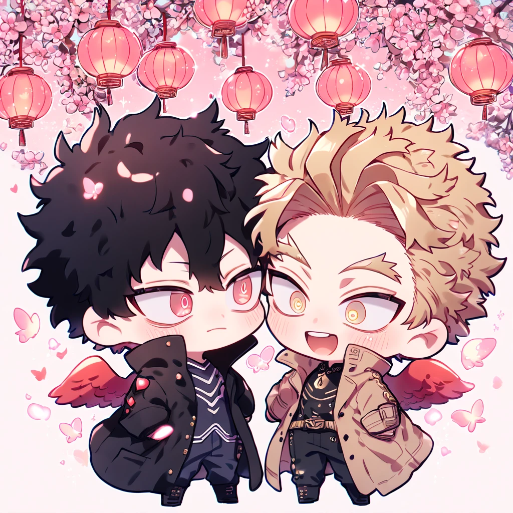 absurd resolution, high resolution, ultra detailed, detailed eyes, delicated features, extremely detailed, HDR, 8K, Hawks chibi, ash-blonde hair, expressive golden eyes, Boku No Hero Academia, Megumi chibi, black hair, messy hair, expressive red eyes, two boys together, yaoi, gay couple, cute, brown coat with fur, black coat, red wings, fantasy, cool, magical, pink glittering butterflies, pink dust flying around, pink flowers, pink petals, pink lanterns, pink blossoms