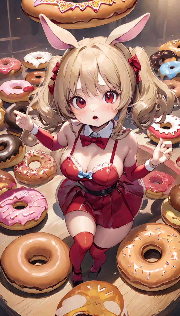 Highest quality、masterpiece、Bunny girl、Perfect Anatomy、One Woman、Red costume、Red Stockings、Red bow tie、白い襟にRed bow tie、Dim lighting、Natural look、BREAK、Giant donuts、Eat donuts with a mouse、Cute mouse、Eating donuts together with a mouse、Red eyed rat、Tom and Jerry World、