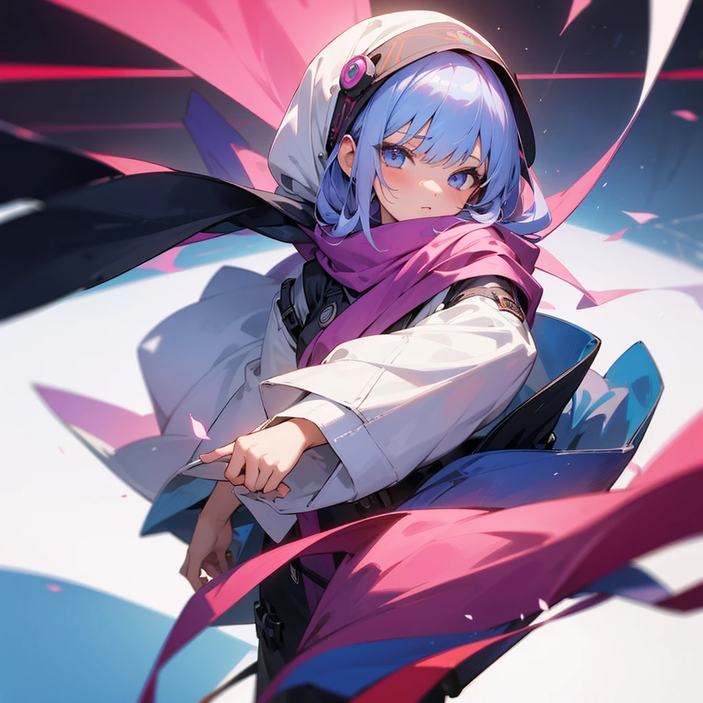 1girl,(masterpiece, Highest quality), (Detailed Hair), Very detailed, Anime Style, whole body, alone, Cyberpunk psychic girl, Big cute head scarf, whole body covered in rags, Wanderer's Outfit, Gray Hair、Red eyes, Floating in the air, Small stature, Supernatural Aura, Prism Hypnosis Aura. Beautiful and terrifying, Digital Painting, 8K high resolution, Trend Art Station, White Background, whole body, ((Psychic energy ball in hand))
