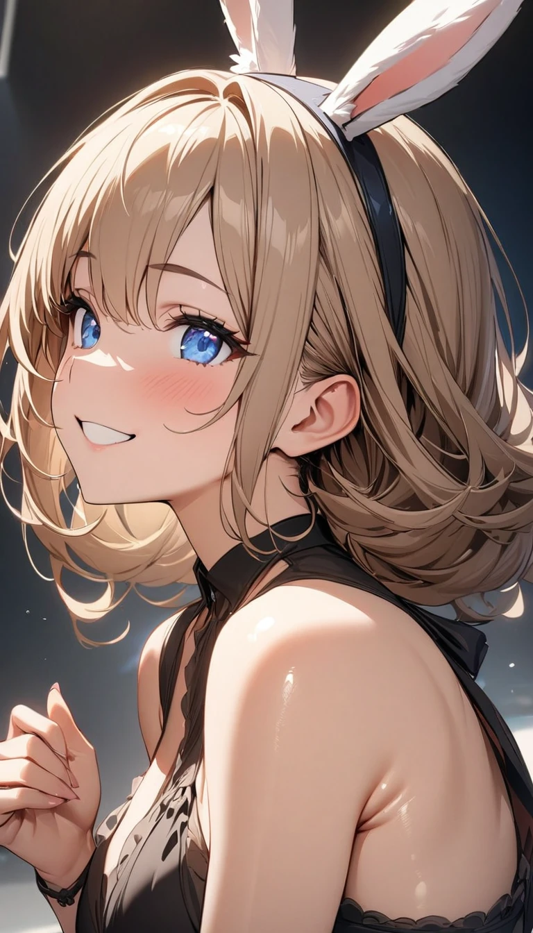 1 girl, (((best quality)), ((masterpiece)), (details), masterpiece, best quality, high quality, super detailed, perfect face, ((1 girl, Blue eyes, rabbit ears: 1.3 brown short vertical roll hair: 2.5,)),Shiny Hair、Shiny skin、smile、Alluring expression、intellectual、Charming、friendly