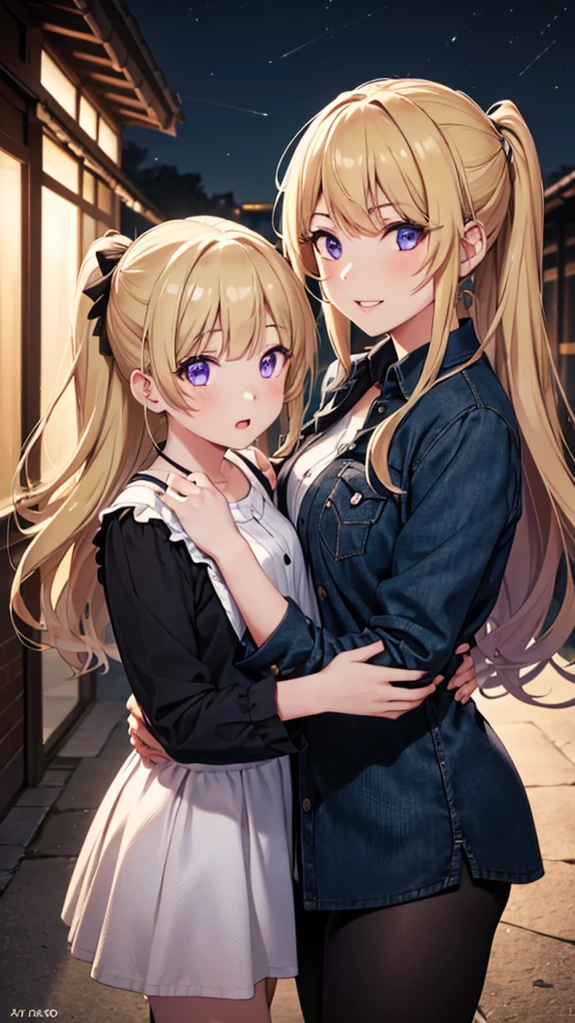 (masterpiece, best quality, absurdres), high quality, highres, ultra detailed, intricate, cinematic lighting, wallpaper, soft lighting, night, night light, cowboy shot, full shot, looking at viewer, beautiful woman, parted lips, kei Karuizawa, blonde hair, bangs, long ponytail , detailed violet eyes, ((Super Realistic Detailed Eyes, glowing eyes)),  (((2girls, mother and daughter))), carrying her daughter, smile, positive vibes, Large smile 