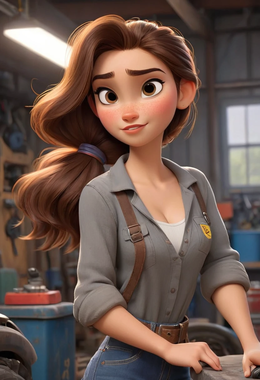 full body shot, (disney pixar style:1.2) (cute adorable pretty face girl:1.15) (adult age 20:1.15) brown hair, ponytail, cleavage, sexy mechanic, in a garage, (perfect hands:1.1) (extreme far shot, full body, zoomed out:1.1), detailed mechanic garage, she is looking sexy with some oil stain on her clothes