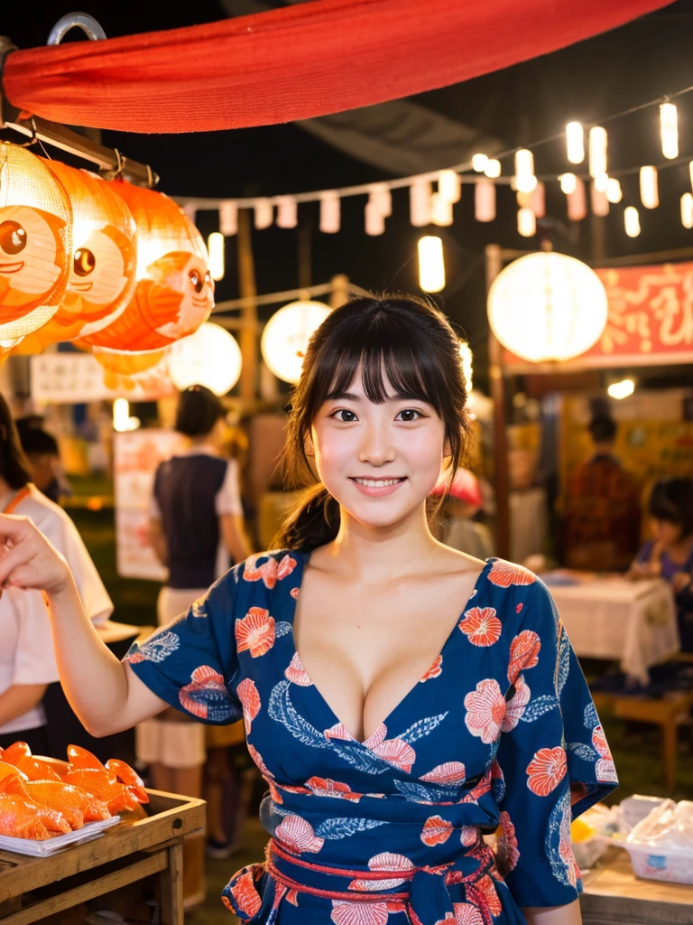 A very cute face like an idol、A young-looking 20-year-old woman wearing a Japanese yukata with three-quarter sleeves、Cleavage、night、Scooping goldfish at a Japanese festival stall、Natural light、Whole body、High level of artistry