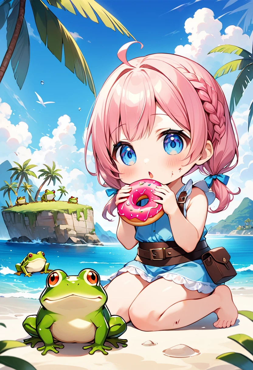 Highest quality、High resolution、Detailed Background、Beautiful face in every detail、Anatomically correct、Detailed facial expressions、fine grain、((full body, from below, side shot)), break ((One Girl:1.2)、(Chibi Girl:1.2))、Cute hair color、Big beautiful blue eyes、Fuller lips、Pink Lips、Braided twin tails、Ahoge、((primitive:1.2)、animal pelt、Waist strap、barefoot)、(I am very surprised、Eyes Wide Open)、break (seiza:1.2、Place your hands in front of your knees:1.2、Holding a big donut:1.2、Bite marks:1.2)、(The background is a very small uninhabited island, Ocean、blue sky、Small palm tree、Small frog:1.2)