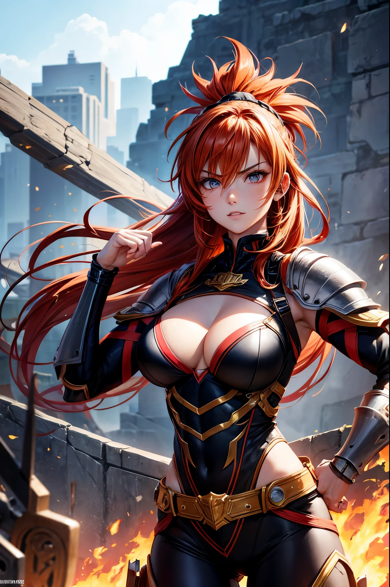 8k,A super muscular American female fire goddess, With the energy of a 20-year-old.,Super Beauty(Like the real thing),Staring angrily at the audience.,Orange Mohawk Hair,Sexy orange and black large chest armor(Fire God&#39;s Emblem),Orange Flame Gauntlets(Fire God&#39;s Emblem),Orange Flame Leg Guards(Fire God&#39;s Emblem),Orange and black shorts(Fire God&#39;s Emblem),Slender and muscular lower body,A dark and desolate land,Photorealistic RAW photos of the highest quality。Bright colors,Rich colors, Backlight, Cinema Lighting, Film Grain, 50mm lens, Nikon D850,Realistic Skin,Fantasy art,Character Art,Ultra-high resolution,Realistic Skin,Raised muscles,A 20-year-old beauty who is the goddess of fire,Black Flame God Costume(Orange flame emblem filigree),Energy Man,Showing off very intense and strong abs,Top-down view,Dynamic fighting pose,Uplifting,Bright Red Eyes,American Woman,Bodybuilding,Fighting style,Martial Arts Posture,Super muscle beauty,