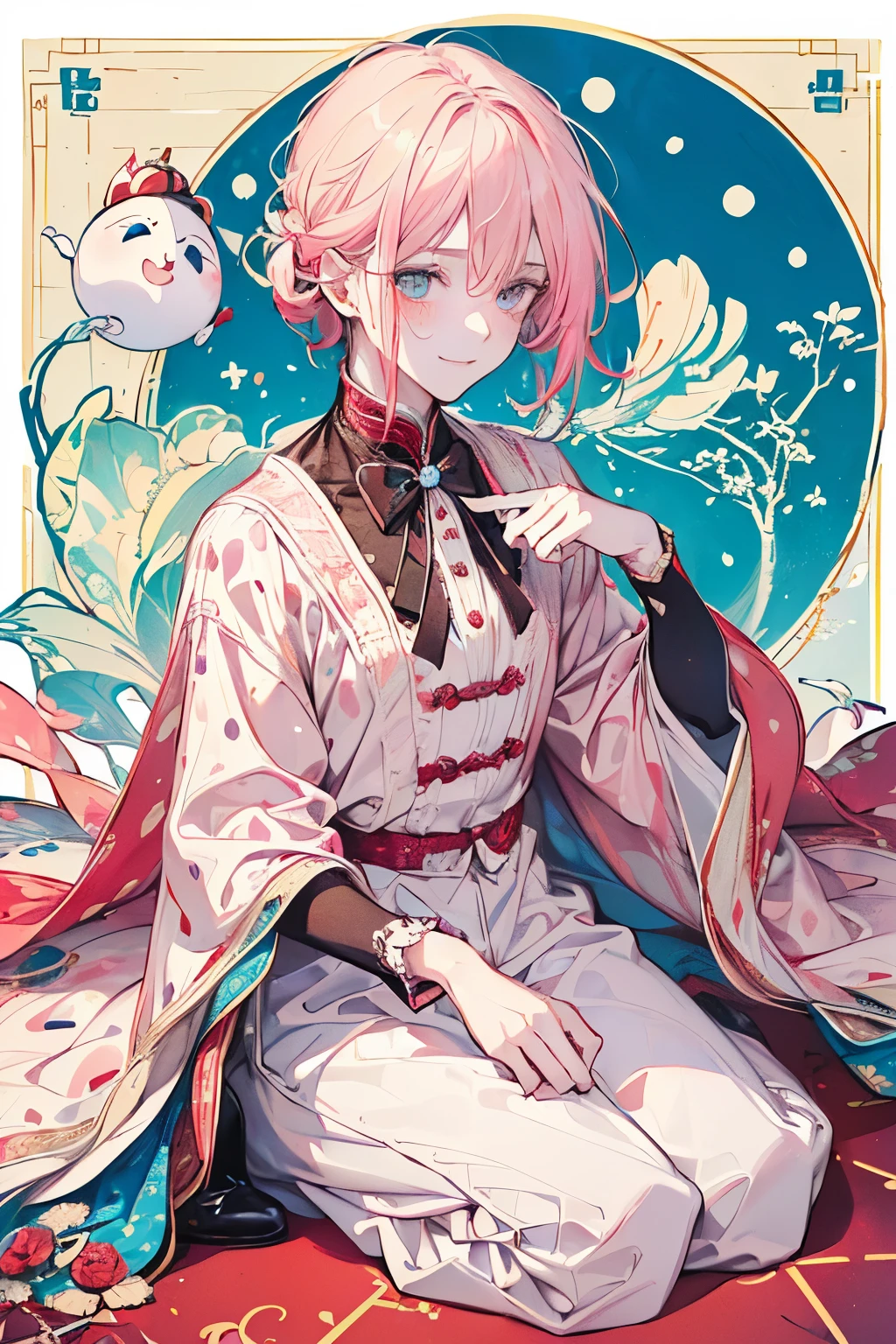 ((man around 20 years old:1.3)),((It's a Small World:1.3)),Prince style from the fairy tale world,alice in wonderland,cheshire cat,(polka dot background:1.2),red、white、pink、yellow,((head down:1.5)),(blush、Full of energy),((dogeza:1.2)),((Prostrating oneself:1.25)),smile