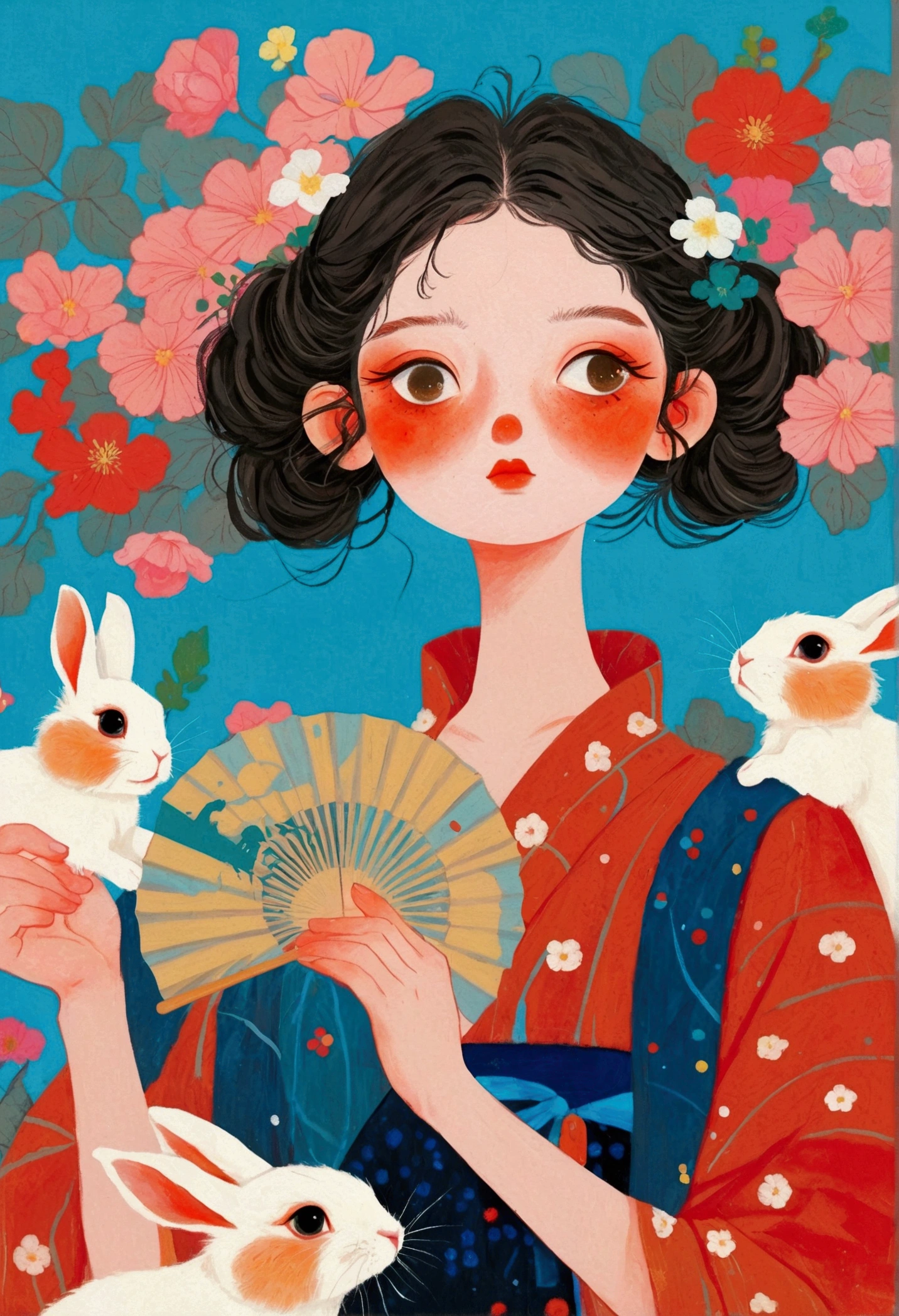 The painting shows a woman and two rabbits，Holding a fan and a fan in hand, James Jean (James Jean) Inspired by the extremely detailed, cg Social Hotspot, Pop surrealism, james jean 和 wlop, japanese Pop surrealism, Beeple 和 Jeremiah Ketner, James Gene Artwork, beeple 和 james jean, James Gene Art, Japanese pop surrealism