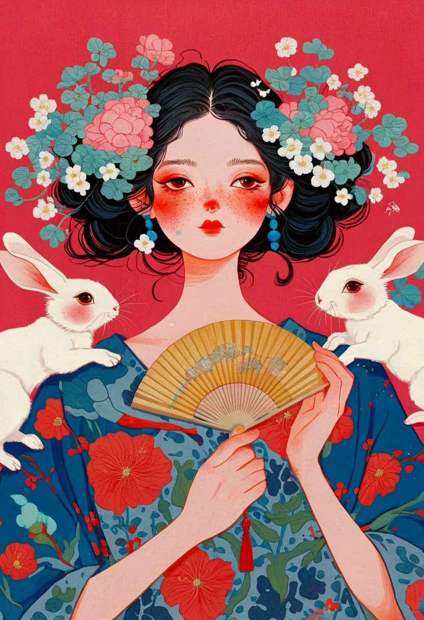 The painting shows a woman and two rabbits，Holding a fan and a fan in hand, James Jean (James Jean) Inspired by the extremely detailed, cg Social Hotspot, Pop surrealism, james jean 和 wlop, japanese Pop surrealism, Beeple 和 Jeremiah Ketner, James Gene Artwork, beeple 和 james jean, James Gene Art, Japanese pop surrealism