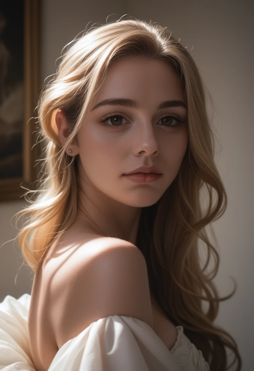 a beautiful blonde girl with brown eyes, dark moody atmosphere, intricate details, photorealistic, 8k, masterpiece, hyper detailed, photographic, cinematic lighting, dramatic shadows, deep colors, oil painting, elegant, serene, pensive expression