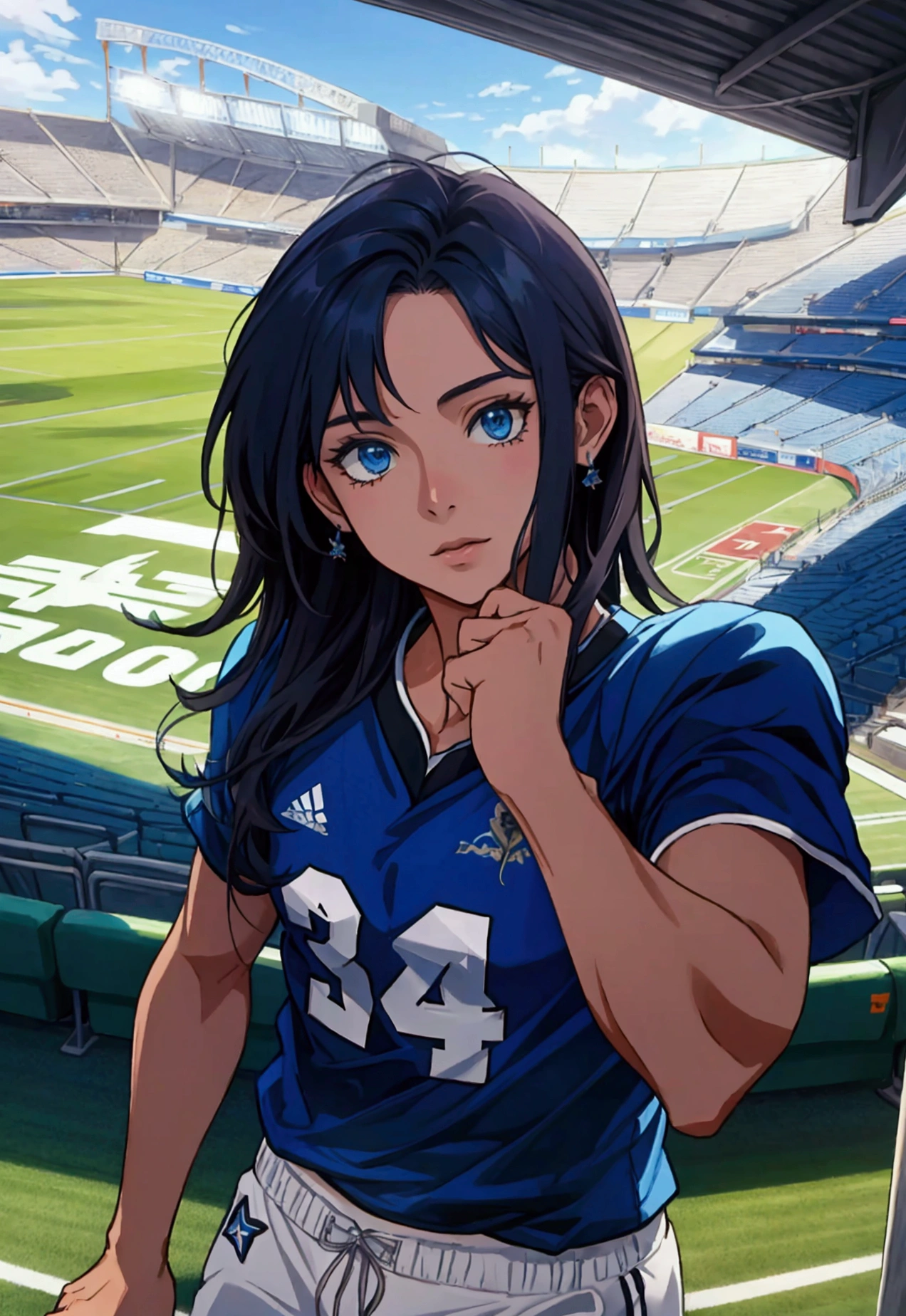 make an art of several players from a football team, with a blue t-shirt, taking a selfie inside the stadium