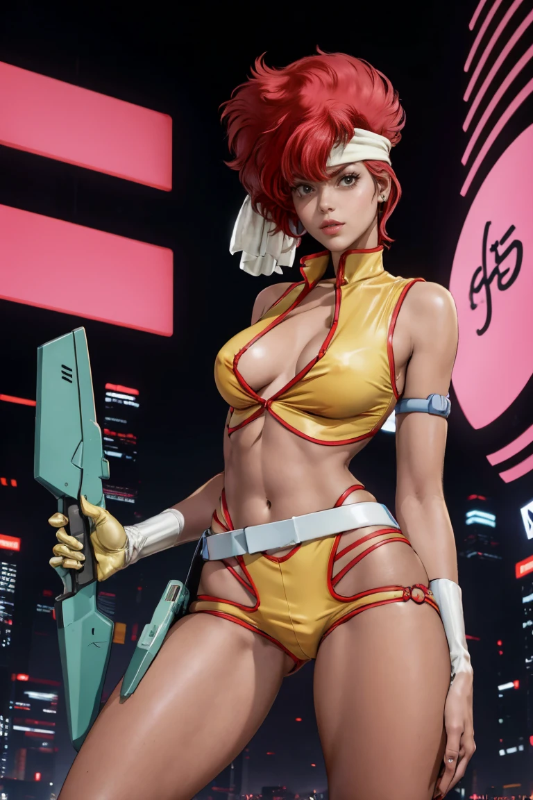 Kei muito magro de The Dirty Pair, emaciated, wearing a tight yellow outfit, thin picture, fine legs, Medium chest, red hair beauty, cyberpunk city background, holding a retro space gun, headband, Waist slender, Very thin thighs, very thin thighs, Very thin thighs, Very thin thighs, slim, tight slit, fine legs, tight slit, 