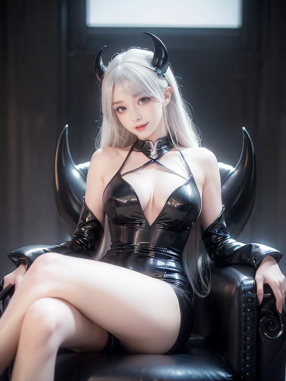 ((Highest quality))、((Very detailed))、(Huge breasts:1.4)、(Detailed eyes:1.4)、(Random seduction poses)、(20 year old beauty)、(American Supermodel)、Platinum Blonde Hair、(Black Little Devil Cosplay:1.4)、smile、Crossing your legs、Throne、the distance is close