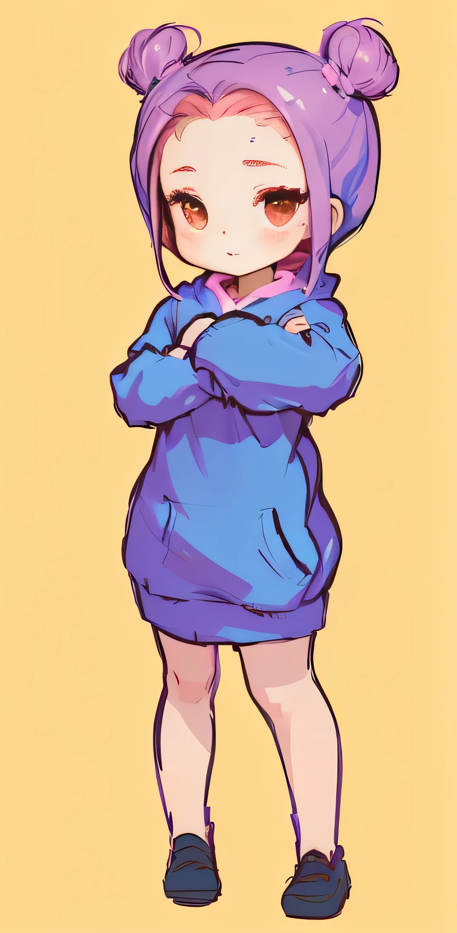 a cartoon drawing of a girl with pink hair and a blue dress, madeline from celeste, full body!, full body portrait of a short!, in a hoodie, loli in dress, casual pose, cartoonish cute, full body!!, some purple and blue, , thoughtful pose, wearing a purple sweatsuit, !!full body portrait!!,,Anime style，Graffiti style