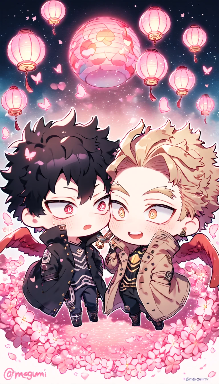 absurd resolution, high resolution, ultra detailed, detailed eyes, delicated features, extremely detailed, HDR, 8K, Hawks chibi, ash-blonde hair, expressive golden eyes, Boku No Hero Academia, Megumi chibi, black hair, messy hair, expressive red eyes, two boys together, yaoi, gay couple, cute, brown coat with fur, black coat, red wings, fantasy, cool, magical, pink glittering butterflies, pink dust flying around, pink flowers, pink petals, pink lanterns, pink blossoms