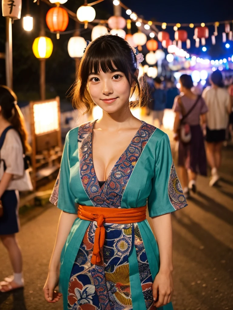 A very cute face like an idol、A young-looking 20-year-old woman wearing a Japanese yukata with three-quarter sleeves、Cleavage、night、Walking through a Japanese festival、Natural light、Whole body
