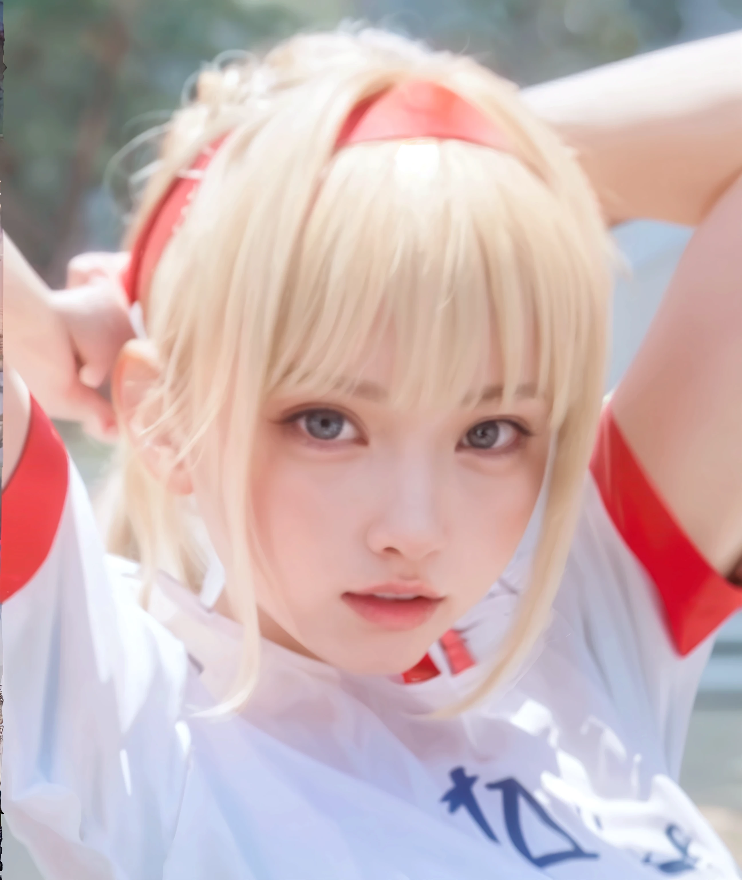 (Realistic:1.3、Ultra HD、Ultra-high resolution、8k、Japanese office lady、Realistic、black collared shirt、At work、)、((Look Viewer:1.8))、(Extremely realistic skin texture:1.4)、(Realistic:1.3)、short hair、(Embarrassed expression:1.5)、(blonde:1.5)、(40-year-old woman、Mature Woman)、Ponytail hairstyle、(Raise both arms to show your armpits:1.8)、(Face close-up:1.4)