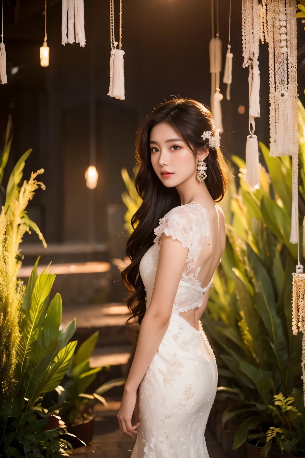 Creates an image of a very beautiful 20 year old Asian woman standing alone., His beauty rivals that of the fire goddess.. she has big brown eyes, dark brown hair, glowing skin, And attractive appearance. She emphasized elegance in an elegant white wedding dress... Woman stands alone attractively, Her beauty seems to have been blessed by nature, In a very romantic and lovely passageway decorated with flowers and soft lighting., It gives off a dreamy and tranquil atmosphere..