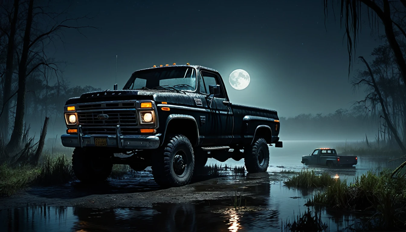 014: Create a hyper-realistic image of a large black truck parked at the edge of a dark, eerie swamp at midnight. The truck's headlights are off, and the only light comes from the dim moonlight. Patricia stands beside the truck, looking at the murky waters with a mix of fear and curiosity. Strange, shadowy figures can be seen moving in the distance, adding to the sense of horror. The image should be in a 16:9 format, with soft shadows and highlights to add tension and unease to the scene.