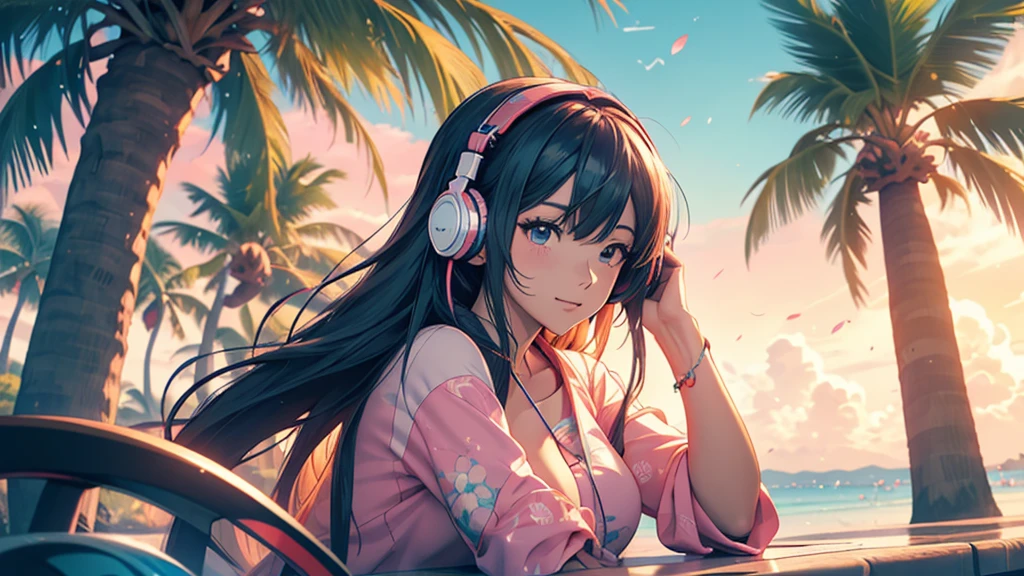 Woman wearing headphones, Anime Style 4 k, anime wallpaper 4k, anime wallpaper 4k, 4k anime wallpaper, anime art wallpaper 4k, anime art wallpaper 4k, Anime Style. 8k, Anime atmosphere, , Ultra HD Anime Wallpaper, Anime Art Wallpaper 8K, Anime Background,landscape、summer、island、Palm tree、Hawaii