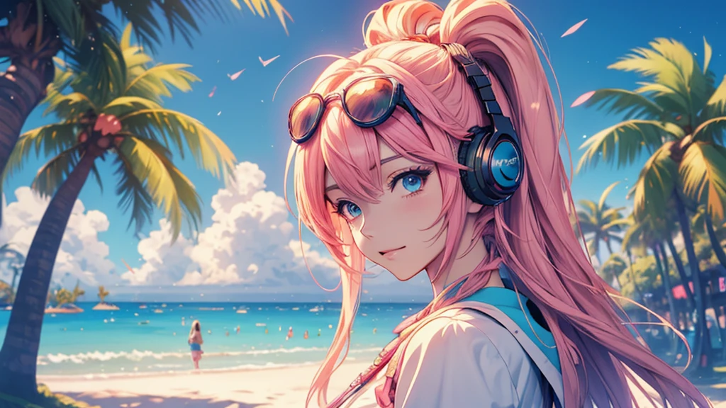 Woman wearing headphones, Anime Style 4 k, anime wallpaper 4k, anime wallpaper 4k, 4k anime wallpaper, anime art wallpaper 4k, anime art wallpaper 4k, Anime Style. 8k, Anime atmosphere, , Ultra HD Anime Wallpaper, Anime Art Wallpaper 8K, Anime Background,landscape、summer、island、Palm tree、Hawaii