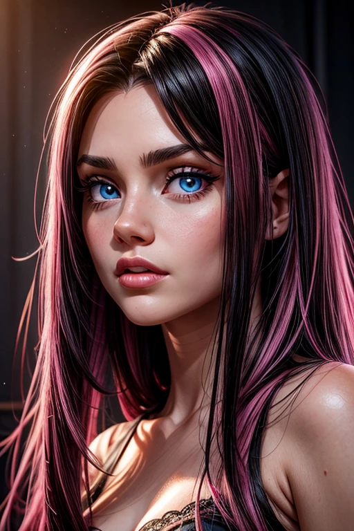 a beautiful young woman, long black hair and pink highlights, blue eyes.