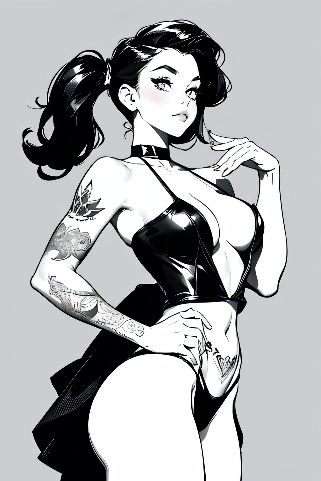 A simple black and white coloring page featuring a pin-up girl tattoo style, The illustration has thick black outlines, clear crisp lines, and minimalistic details to make it easy for kids to color. No background details are included, 