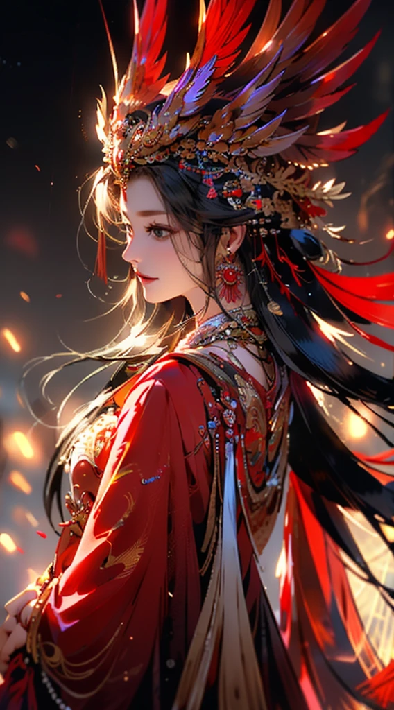 1 Girl, Jewelry, earrings, Solitary, Long hair, Hair accessories, look back, Looking at the audience, red skirt, Black Hair, Upper Body, Shut up, Vague, skirt, tassel, Brown hair, feather, From the back, Chinese clothes, tassel earringssmile,