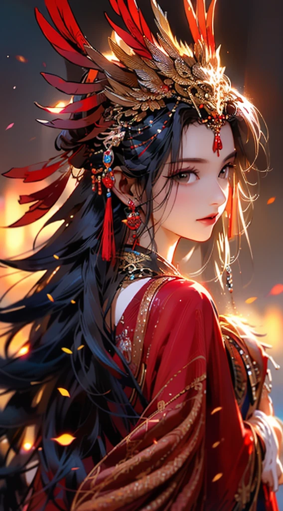 1 Girl, Jewelry, earrings, Solitary, Long hair, Hair accessories, look back, Looking at the audience, red skirt, Black Hair, Upper Body, Shut up, Vague, skirt, tassel, Brown hair, feather, From the back, Chinese clothes, tassel earringssmile,