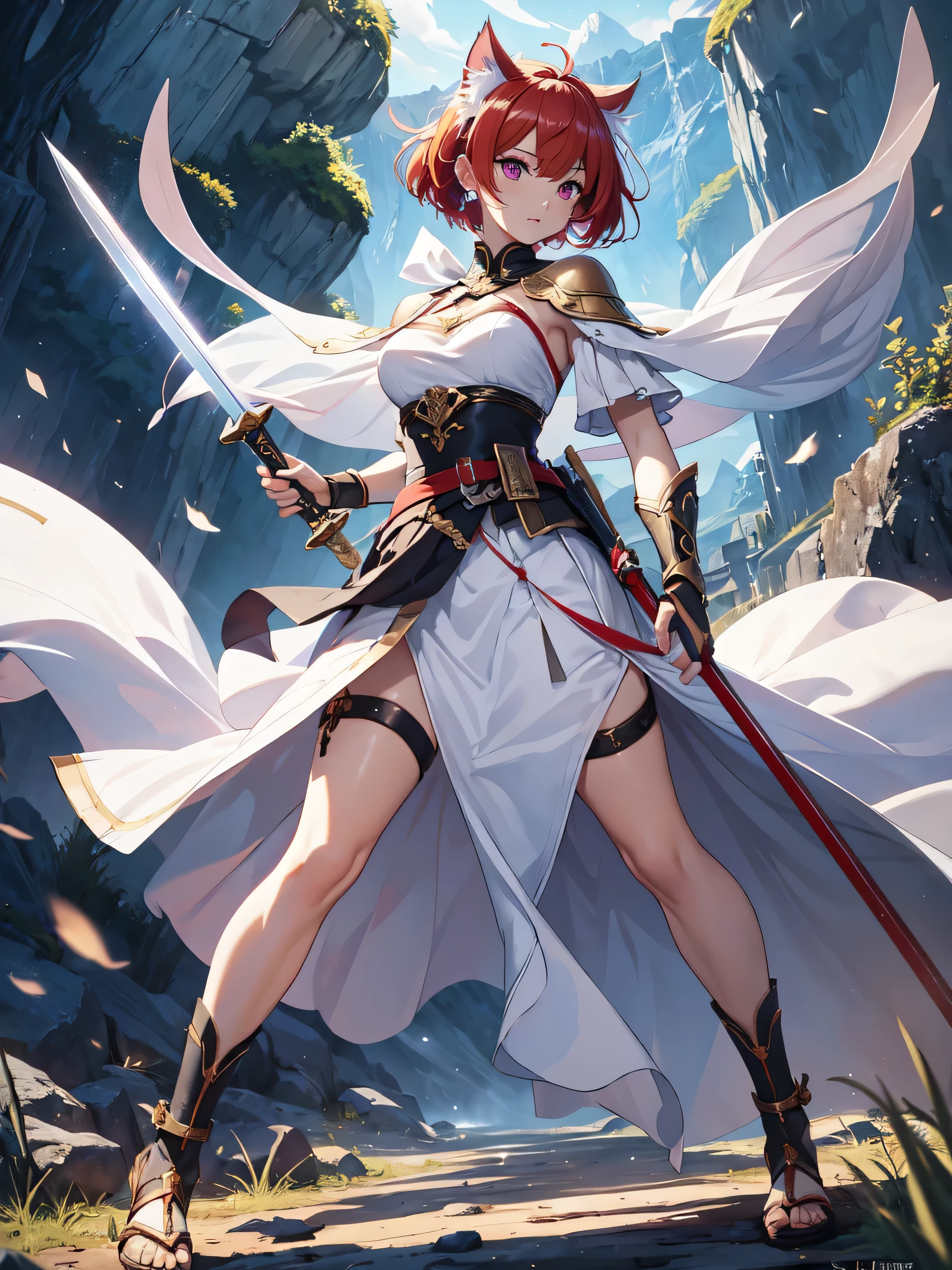Nighttime, gloominess, beautiful and delicate girl, clear and beautiful, Make your character the main point of view, glowing skin, female, 20 years old, Short hair, shortcut, Short hair, Beautiful and delicate glass hair, 칼을 휘두르는 female warrior 포즈, 크고 colorful swords, weapon, Attack movements to defeat enemies, full body pose, Two-handed sword, big knife, colorful swords ((greek costume, 2 Costume colors, white background, Red 패턴)) ((Clothes color White background, Red 패턴)) ((Double color, White, Red)) ((Use only two colors of clothing, White, Red))beautiful and delicate eyes, purple eyes, moderate chest, real skin texture, Very nice 8KCG wallpaper, Very cool 8K CG wallpaper, Watercolor (middle), female warrior, light orange hair, (((upper body cut))), (((Cat's ears dark 보라색))), (((dark, dark 밤, midnight))) (((nature background, mountain, wood))), ((outdoors)) Holding a sword and assuming a dynamic fighting stance, I can see my whole body, angle seen from afar, reduction, 신foot, foot, So that my whole body can be seen,