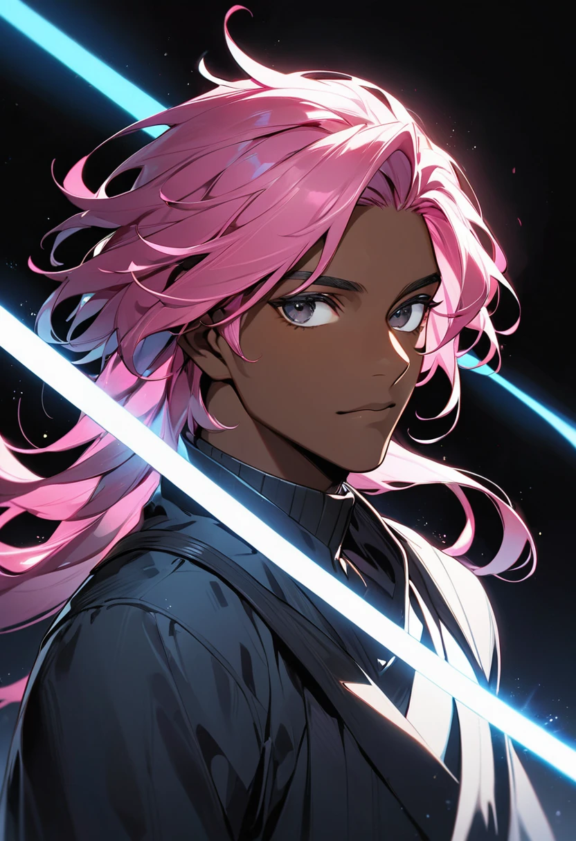 dark skin man, long dark pink hair with a bright light blue streak and black eyes