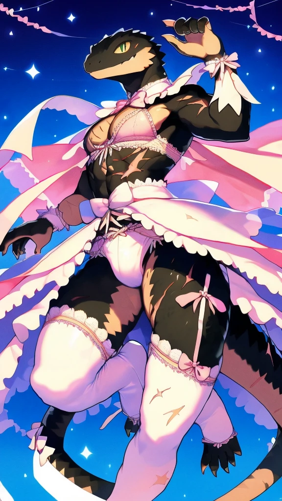 One person、middle aged、Lizard Man、masterpiece、Highest quality、Black body、There are scars on the body、Sharp Eye、Light pink lace underwear、Lace fabric bra、Knee-high socks、garter belt、Long, thin tail、Jumping in the night sky、magical girl style costume