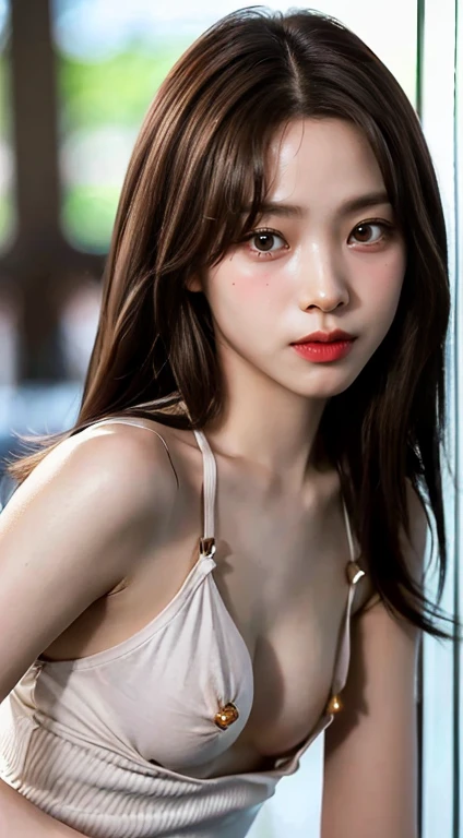 Highest quality、Ultra-high resolution、(Realistic)、18-year-old girl、((((I'm taking off my  dress, I can see your nipples、she leans forward)), Hyper Detail、Super Realistic、(Realistic)、More about beautiful skin、(masterpiece:1.0)、(Highest quality)、(Ultra-high resolution)、8K resolution、Canon EOS R5、135mm、Absurd、Very detailed、Sharp focus、Fine skin、(((Chirarizum、Small breasts、Brown Hair)))