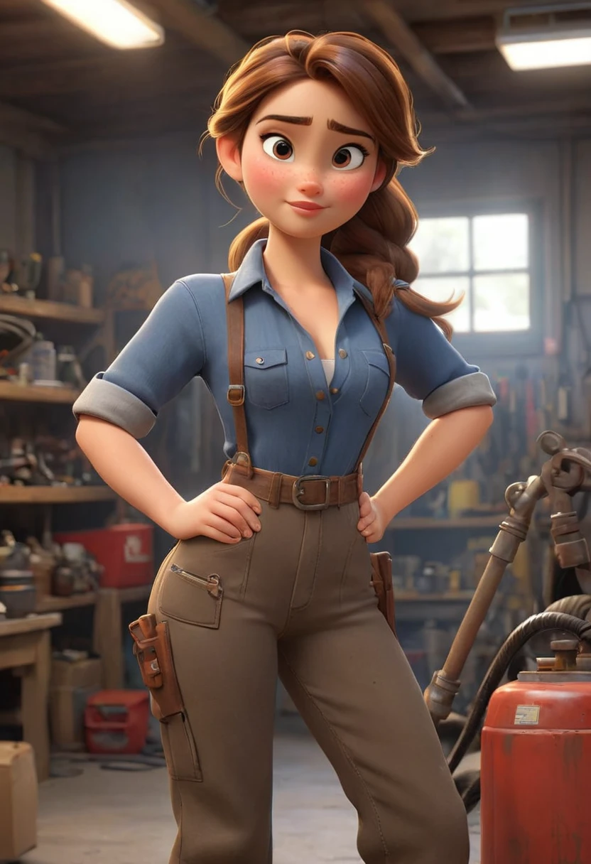 full body shot, (disney pixar style:1.2) (cute adorable European pretty face girl:1.15) (European adult age 20:1.15) brown hair, ponytail, cleavage, sexy mechanic, in a garage, (perfect hands:1.1) (extreme far shot, full body, zoomed out:1.1), detailed mechanic garage, she is looking sexy with some oil stain on her clothes, European style Garage