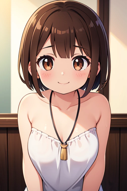 natta, Raw photo, 1 girl, 25 year old sexy girl, ((Natural brown hair with short cuts)), [eyes browns],Gentle smile looking at the camera(neckleace), (work of art)