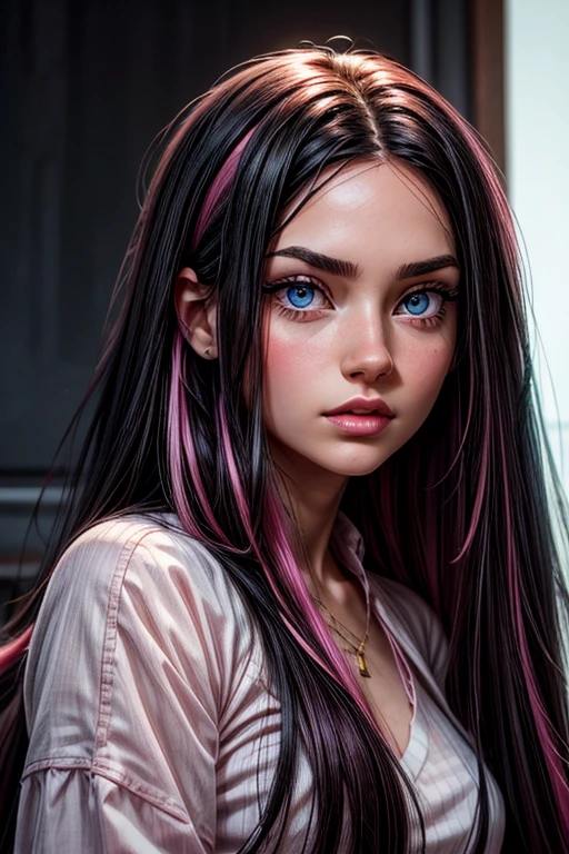 a beautiful young woman, long black hair and pink highlights, blue eyes.