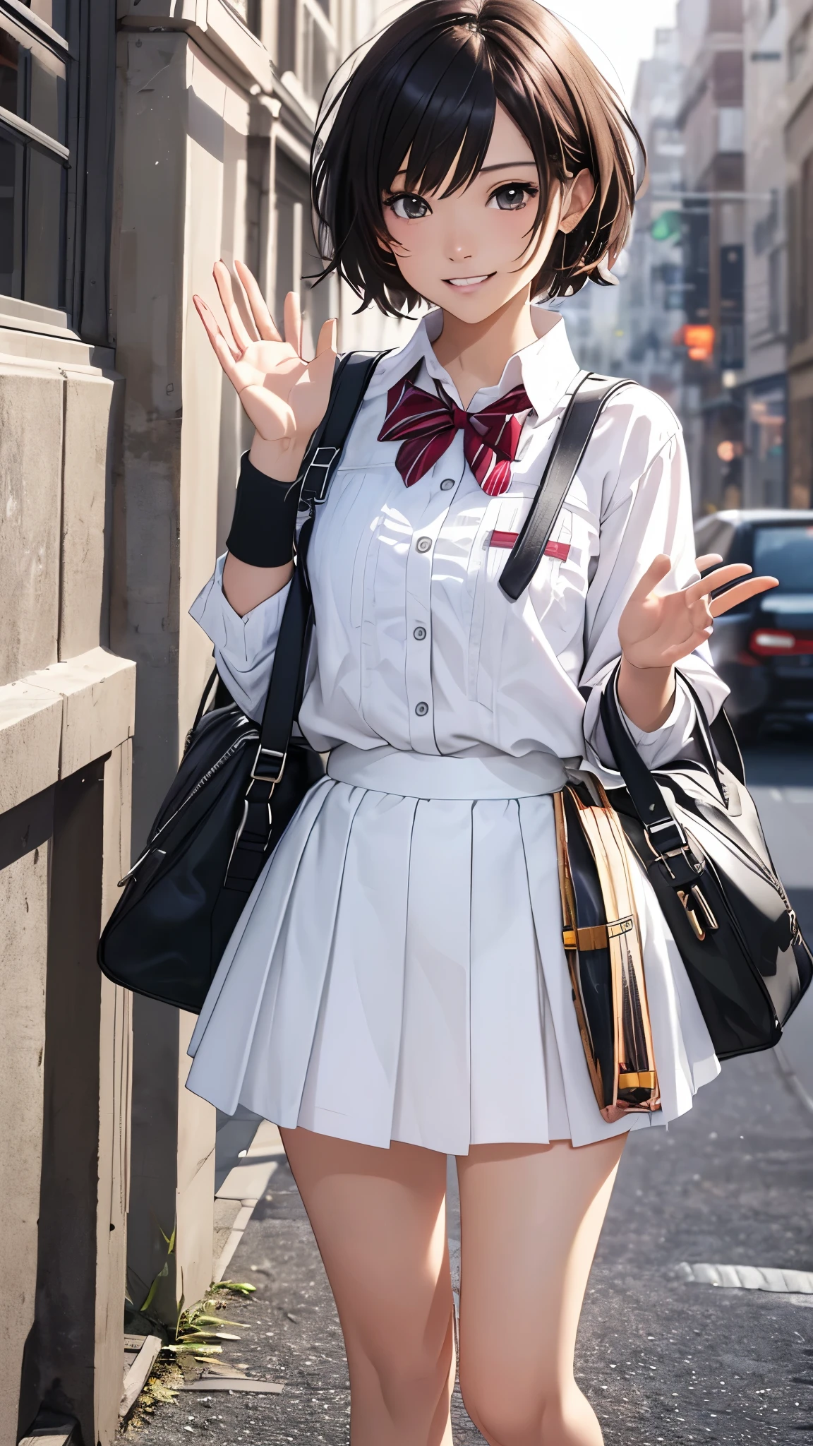 (highest quality,4K,8K,High resolution,table top:1.2), super detailed, (realistic,photorealistic,photo-realistic:1.37),((full body)),((very-Short-hair girl)), (grin and laugh),((waving)),She wears a  high-school uniform, white-loose-socks,black-sneakers,having school-shoulder-bag,beautiful and fine eyes, beautiful detailed lips, highly detailed eyes and face, long eyelashes, realistic anime 3D style, Smooth anime CG art, Digital rendering by Makoto Shinkai, Moe anime art style, photorealistic rendering of an anime girl, Shinkai Makoto style, Cute anime girl visuals, realistic young anime girl, girl fan art, Created by Anime Artist&#39;studio of.