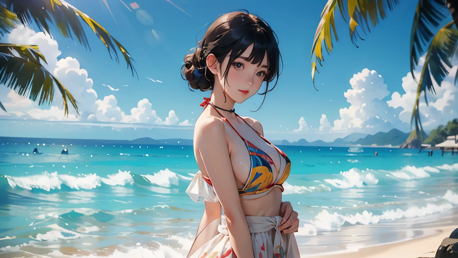 ((Highest quality, masterpiece, High resolution)), ((reality))、4K Digital Art、8K high quality, detailed art、((Anime Art))、wallpaper、Cinema Angle、(((Three beautiful girls)))、((Hand in hand))、Cute Face、 ((Detailed depiction of a beautiful face))、Smiling Kindly、young、Bikini Swimwear、Photorealistic perfect body、(A pareo with bold ethnic patterns and primary colors wrapped around the waist and skirt.)、particles of Light、Light、tropical、cinematic Light、Dark Background、soft Light、(No background)、On the sunny beach、With the sea in the background、Blur the background、