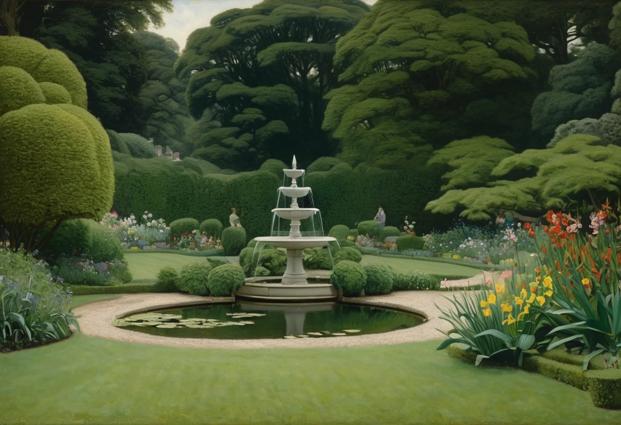 a painting of a garden with a pond and a fountain, by Henri Biva, by Robert Scott Lauder, garden pond scene, by Bernard van Orley, by Walter Osborne, by Rudolph Belarski, by Charles Harold Davis, by John La Gatta, by James McIntosh Patrick, serene scene, by Howard Lyon, by John Clayton Adams, garden landscape