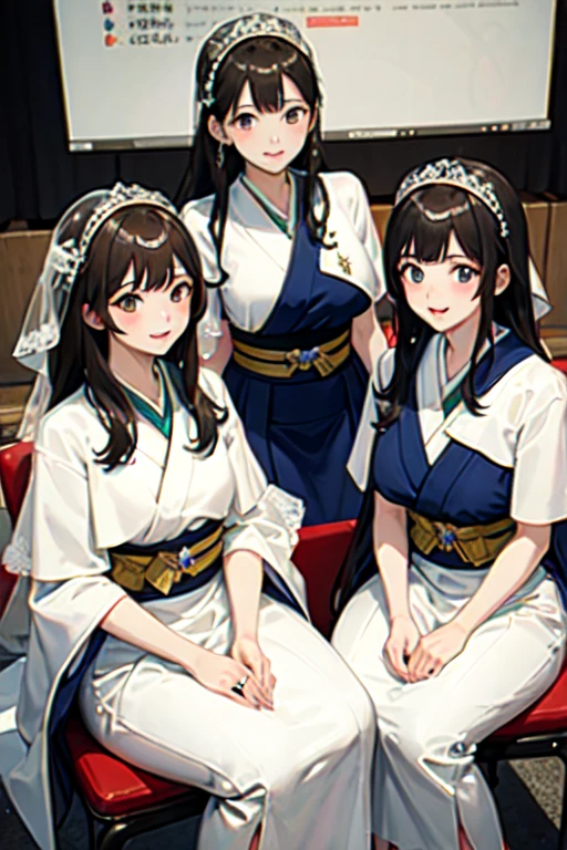 ((Highest quality)), ((masterpiece)), (detailed), Three lively Japanese boys, close friends in class, become three busty girls and become brides. Marriage, the joy of being reborn as a woman, the joy of converting to a heretical religion, a mass wedding ceremony of a heretical religion, dresses, and loyalty to the devil.