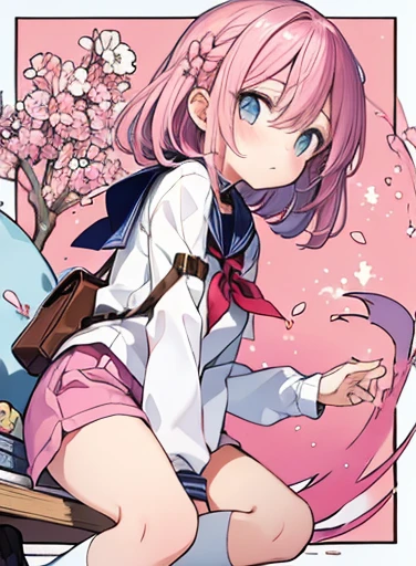Beautiful illustrations, Highest quality, (12-year-old girl:1.4)、(pretty girl：1.5)、 girl、Flat Chest、Sailor collar、(White long tunic:1.4)、Long sleeve sailor suit、Blue-line cuffs、(Pink Chino Shorts：1.7)、(Pink shorts with wide openings：1.6)、Gap between thigh and shorts、Thin thighs、White socks、 Cinema Lighting, (Pink long hair)、Pink Straight Hair、Redness on the cheeks、(Braiding of the back of the head)