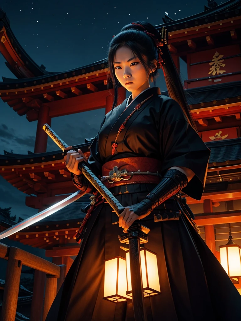 "Samurai woman with a much long katana, set at night with a shrine in the background."