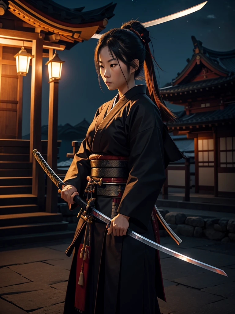 "Samurai woman with a much long katana, set at night with a shrine in the background."