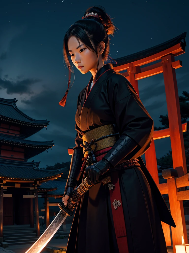 "Samurai woman with a much long katana, set at night with a shrine in the background."